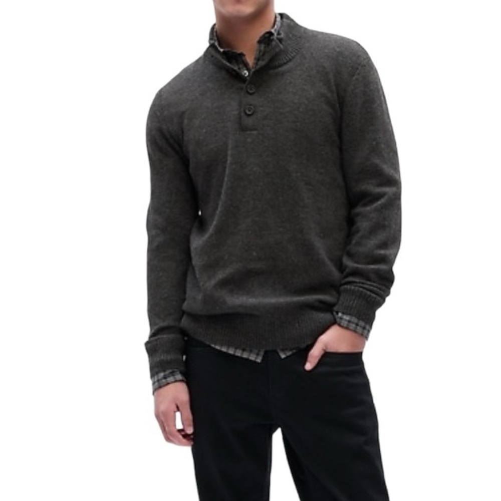 GAP NWT Men’s Mock Neck Henley Knit Sweater Size Large in Charcoal